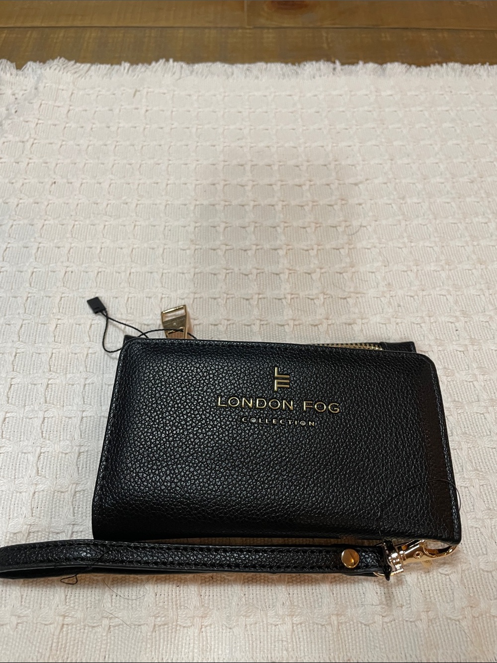 London Fog Black Pebbled Wristlet Clutch with Gold Hardware